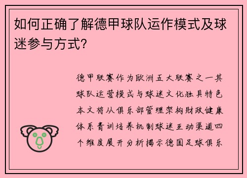 如何正确了解德甲球队运作模式及球迷参与方式？