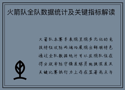 火箭队全队数据统计及关键指标解读