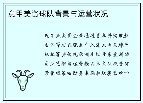 意甲美资球队背景与运营状况