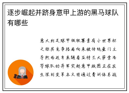 逐步崛起并跻身意甲上游的黑马球队有哪些